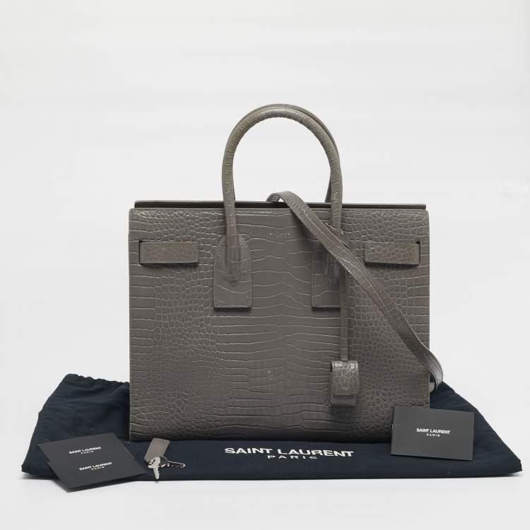 Pre Owned Saint Laurent Classic Sac De Jour Small Grey Croc Embossed Leather Tote