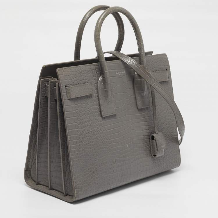 Pre Owned Saint Laurent Classic Sac De Jour Small Grey Croc Embossed Leather Tote