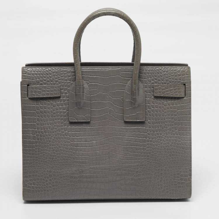 Pre Owned Saint Laurent Classic Sac De Jour Small Grey Croc Embossed Leather Tote