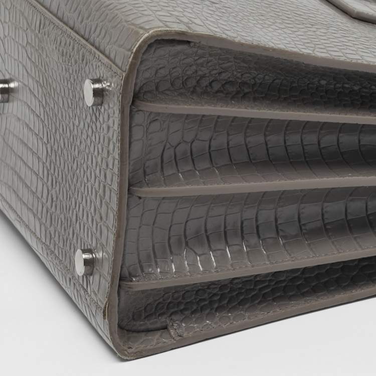 Pre Owned Saint Laurent Classic Sac De Jour Small Grey Croc Embossed Leather Tote