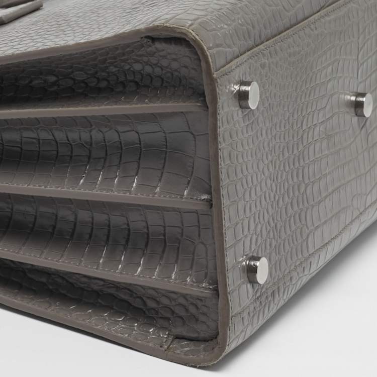 Pre Owned Saint Laurent Classic Sac De Jour Small Grey Croc Embossed Leather Tote