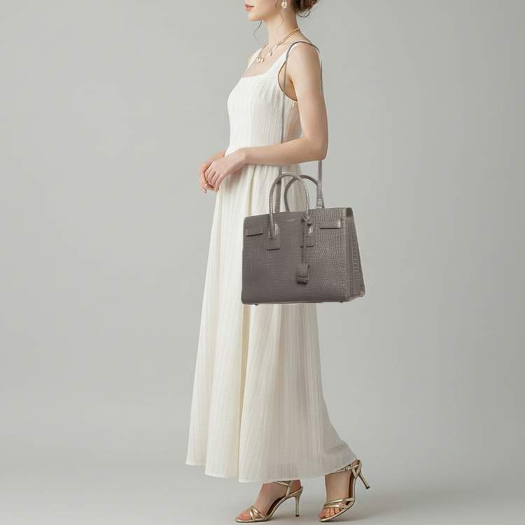 Pre Owned Saint Laurent Classic Sac De Jour Small Grey Croc Embossed Leather Tote