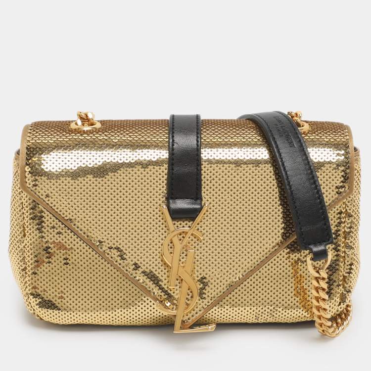 Pre Owned Saint Laurent Paris Monogram Baby Gold Leather and Sequins Shoulder Bag