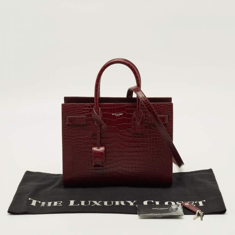 Pre Owned Saint Laurent Classic Sac De Jour Baby Dark Red Croc Embossed Leather Tote