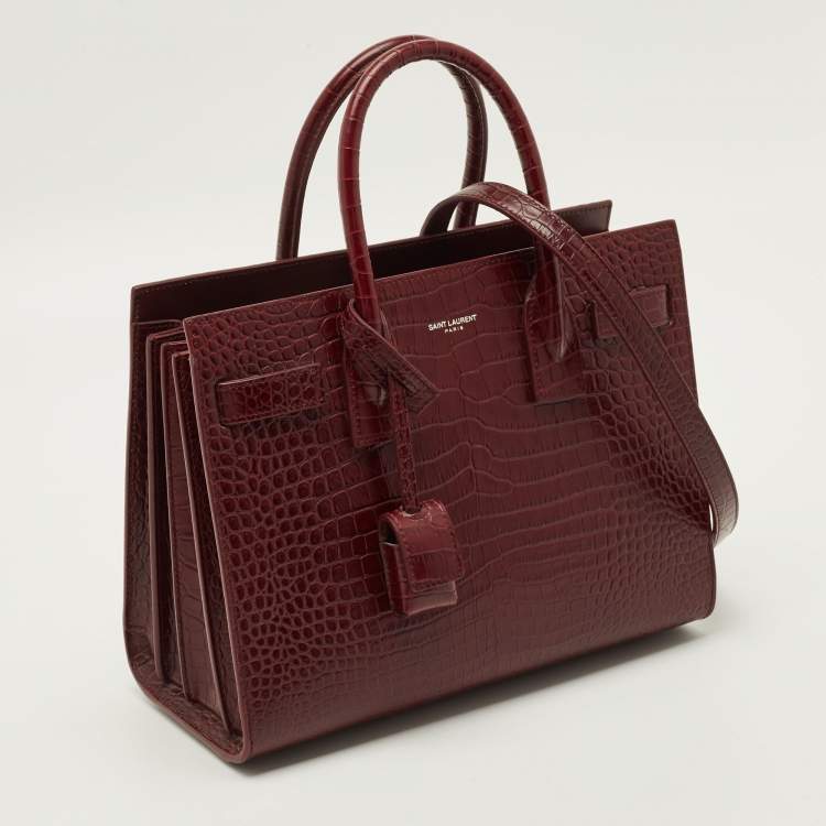 Pre Owned Saint Laurent Classic Sac De Jour Baby Dark Red Croc Embossed Leather Tote