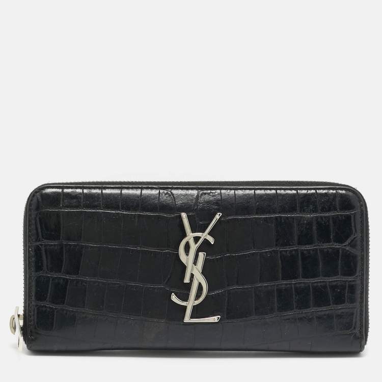 Pre Owned Saint Laurent Cassandre Black Croc Embossed Leather Zip Around Wallet