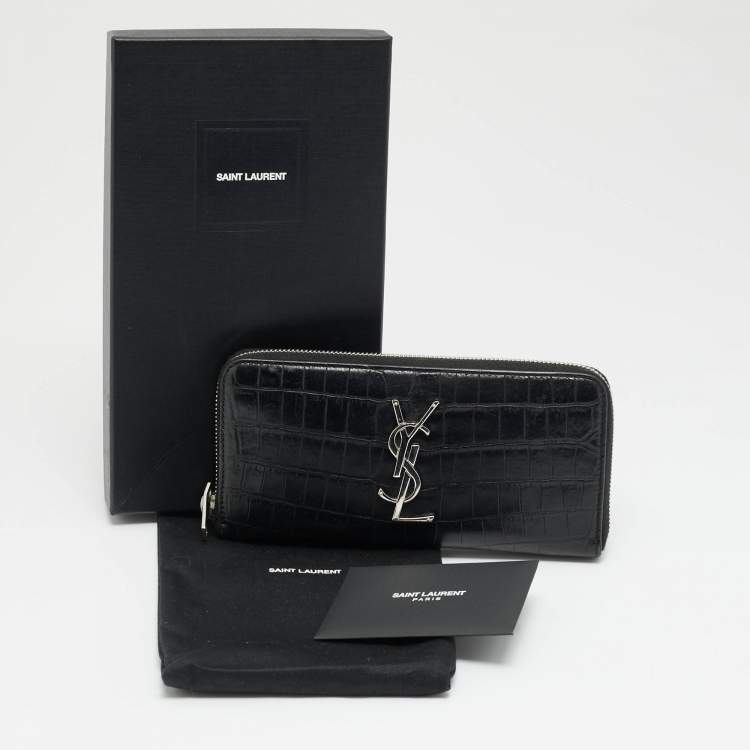 Pre Owned Saint Laurent Cassandre Black Croc Embossed Leather Zip Around Wallet