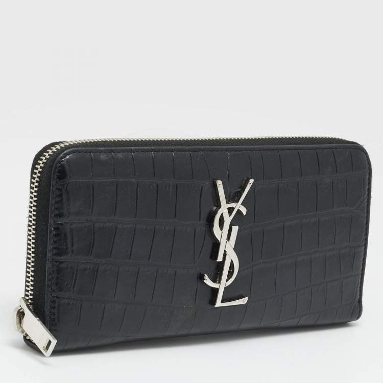 Pre Owned Saint Laurent Cassandre Black Croc Embossed Leather Zip Around Wallet