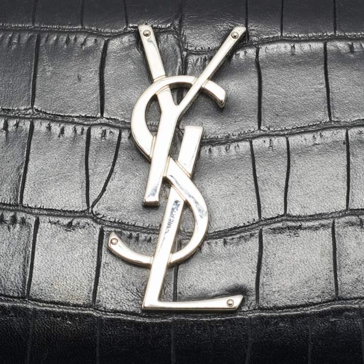 Pre Owned Saint Laurent Cassandre Black Croc Embossed Leather Zip Around Wallet