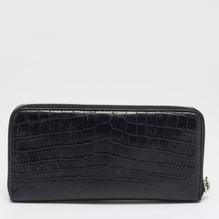 Pre Owned Saint Laurent Cassandre Black Croc Embossed Leather Zip Around Wallet