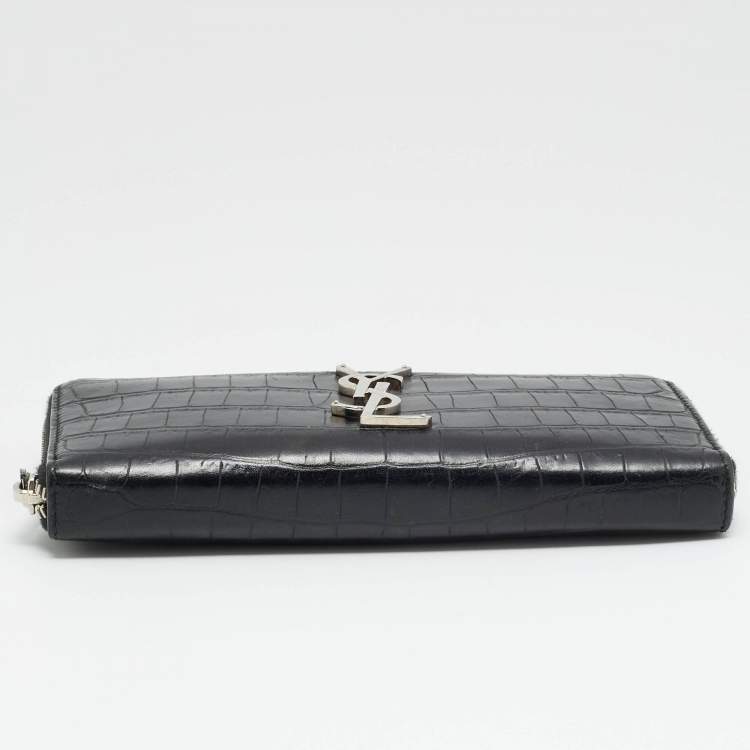 Pre Owned Saint Laurent Cassandre Black Croc Embossed Leather Zip Around Wallet