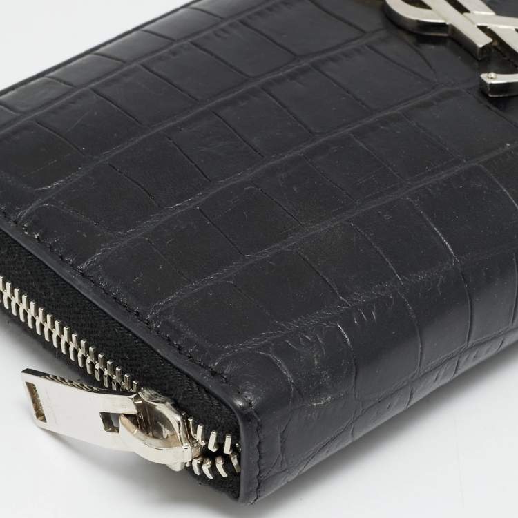 Pre Owned Saint Laurent Cassandre Black Croc Embossed Leather Zip Around Wallet