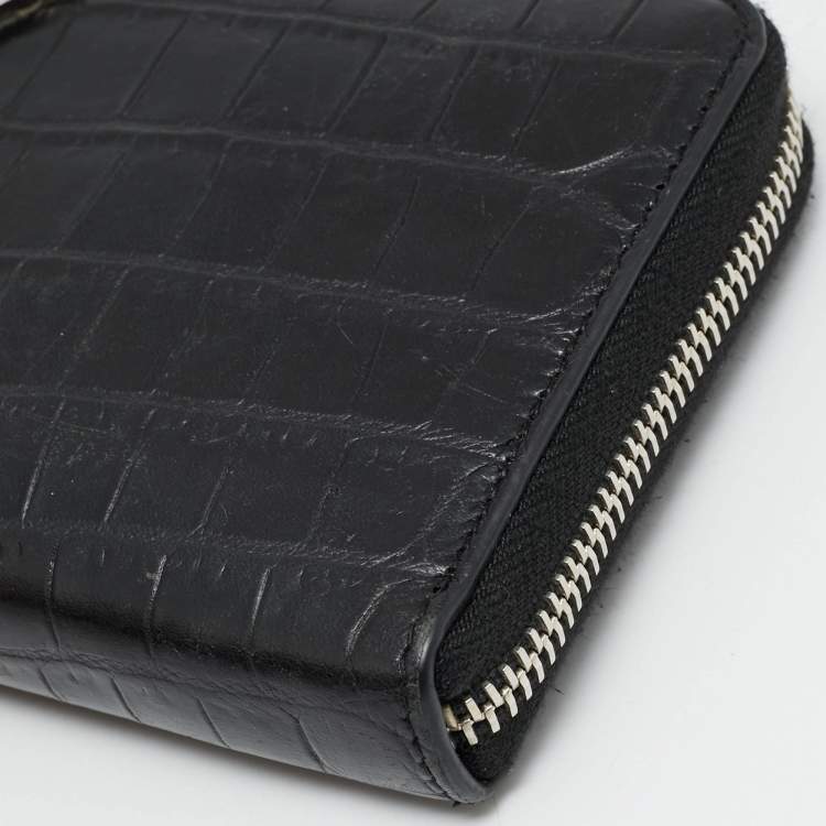 Pre Owned Saint Laurent Cassandre Black Croc Embossed Leather Zip Around Wallet