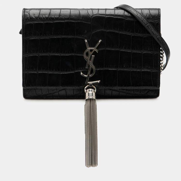 Pre Owned Saint Laurent Paris Black Croc Embossed Leather Monogram Kate Tassel Wallet on Chain
