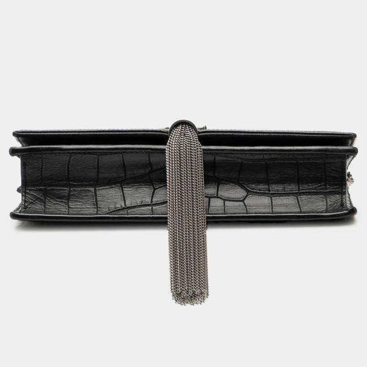 Pre Owned Saint Laurent Paris Black Croc Embossed Leather Monogram Kate Tassel Wallet on Chain
