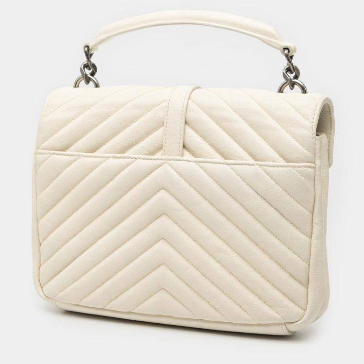 Pre Owned Saint Laurent Paris White Medium Chevron Sheepskin Monogram College Satchel