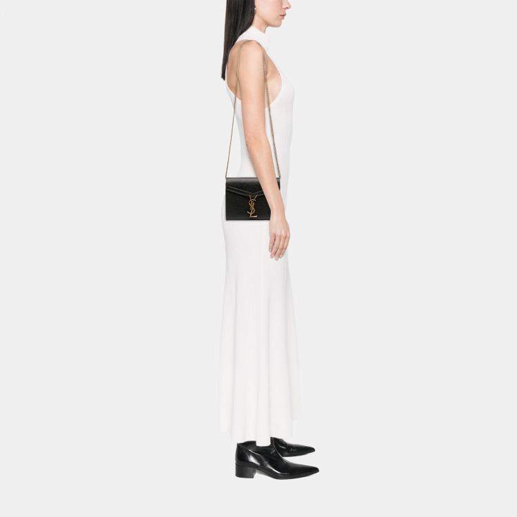 Pre Owned Saint Laurent Paris Black Grain De Poudre Monogram Cassandra Chain Wallet