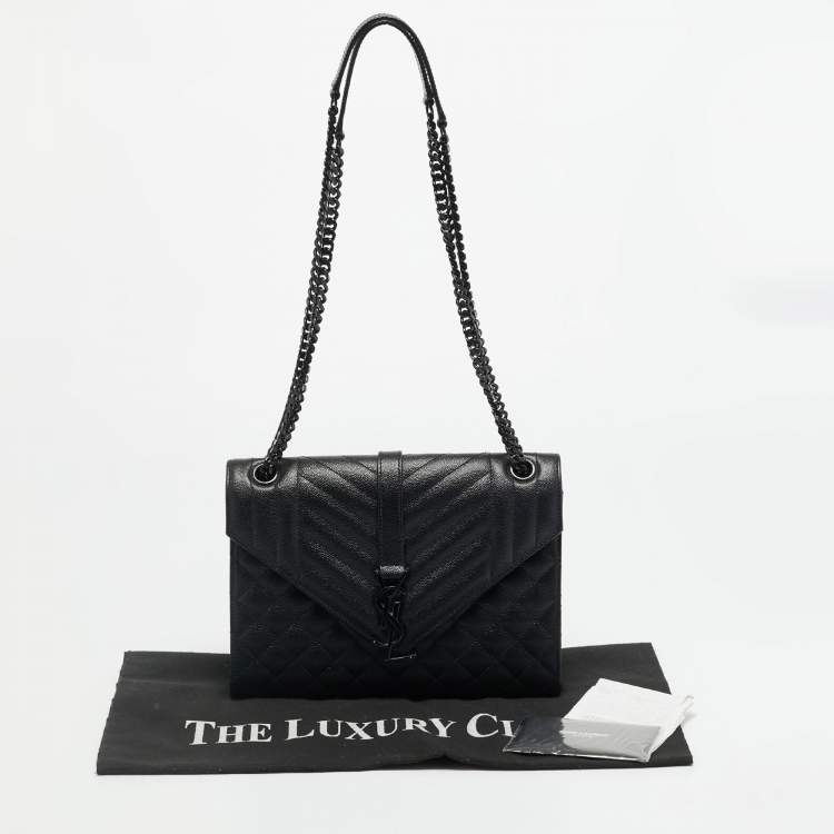 Pre Owned Saint Laurent Envelope Medium Black Mix Matelassé Leather Chain Bag
