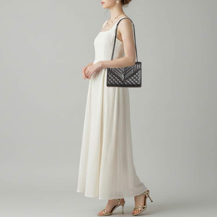 Pre Owned Saint Laurent Envelope Medium Black Mix Matelassé Leather Chain Bag