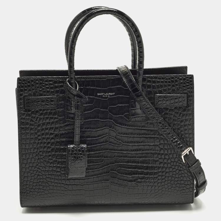 Pre Owned Saint Laurent Classic Sac De Jour Baby Black Croc Embossed Leather Tote