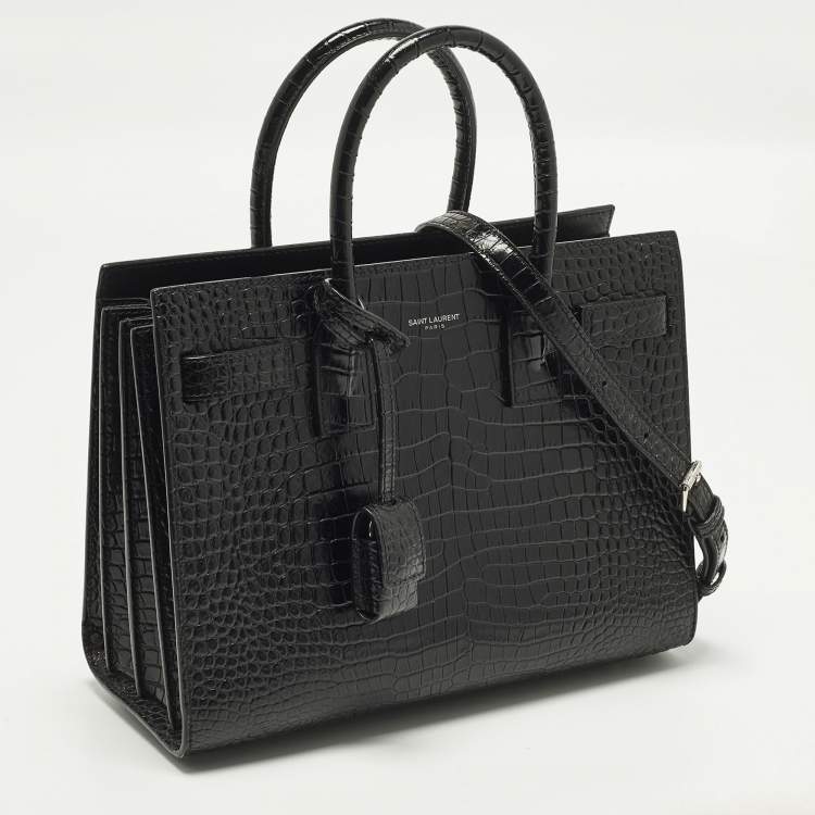 Pre Owned Saint Laurent Classic Sac De Jour Baby Black Croc Embossed Leather Tote
