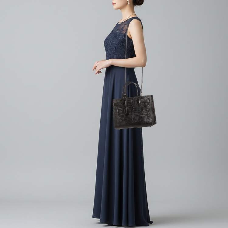 Pre Owned Saint Laurent Classic Sac De Jour Baby Black Croc Embossed Leather Tote