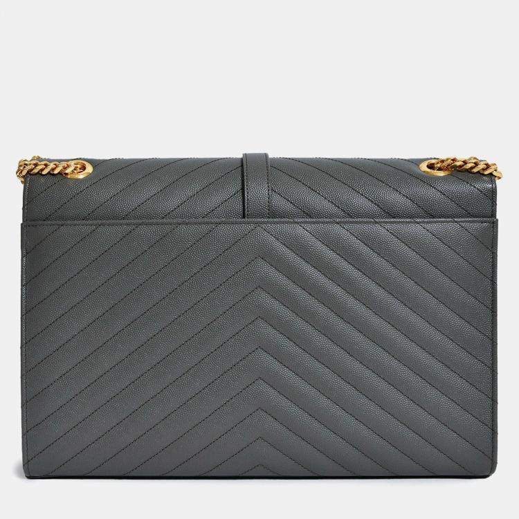 Pre Owned Saint Laurent Grey Chevron Leather Envelope Large Chain Shoulder Bag