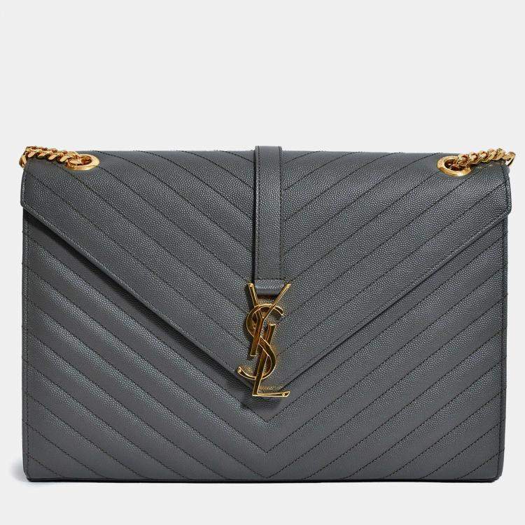 Pre Owned Saint Laurent Grey Chevron Leather Envelope Large Chain Shoulder Bag