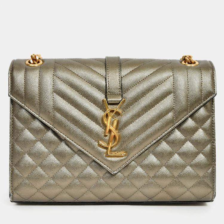 Pre Owned Saint Laurent Gunmetal Tri-Quilted Leather Envelope Chain Shoulder Bag