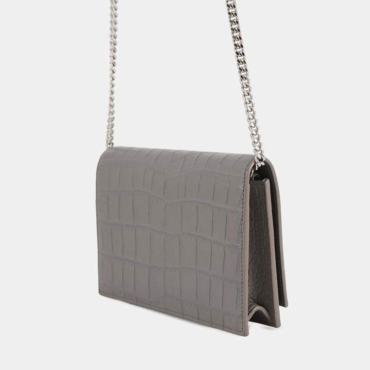 Pre Owned Saint Laurent Paris Kate Chain Wallet Gray Croco Embossed Leather