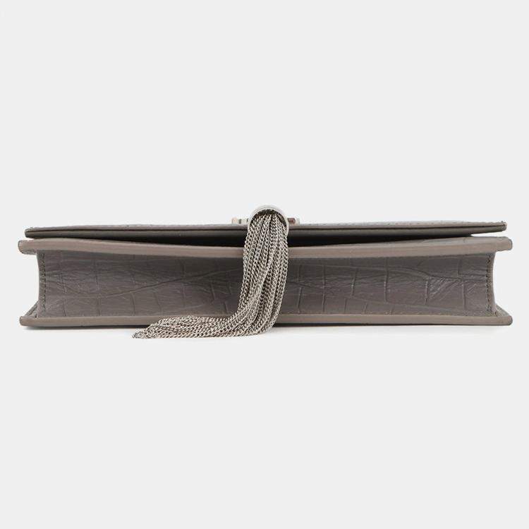 Pre Owned Saint Laurent Paris Kate Chain Wallet Gray Croco Embossed Leather