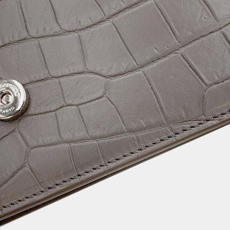 Pre Owned Saint Laurent Paris Kate Chain Wallet Gray Croco Embossed Leather