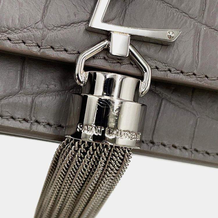 Pre Owned Saint Laurent Paris Kate Chain Wallet Gray Croco Embossed Leather