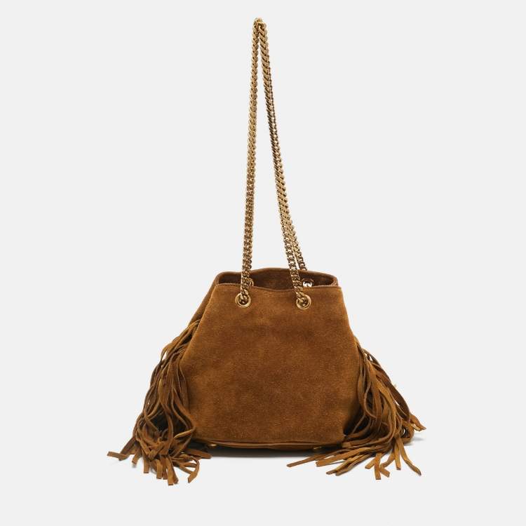 Pre Owned Saint Laurent Emmanuelle Fringe Chain Brown Suede Bucket Bag