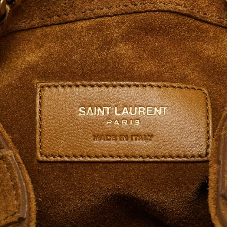 Pre Owned Saint Laurent Emmanuelle Fringe Chain Brown Suede Bucket Bag