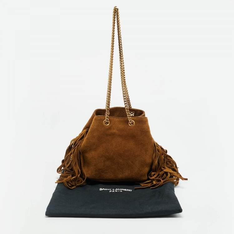 Pre Owned Saint Laurent Emmanuelle Fringe Chain Brown Suede Bucket Bag