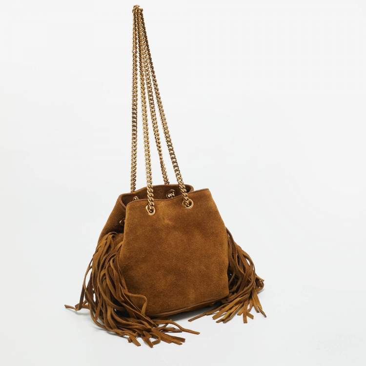 Pre Owned Saint Laurent Emmanuelle Fringe Chain Brown Suede Bucket Bag