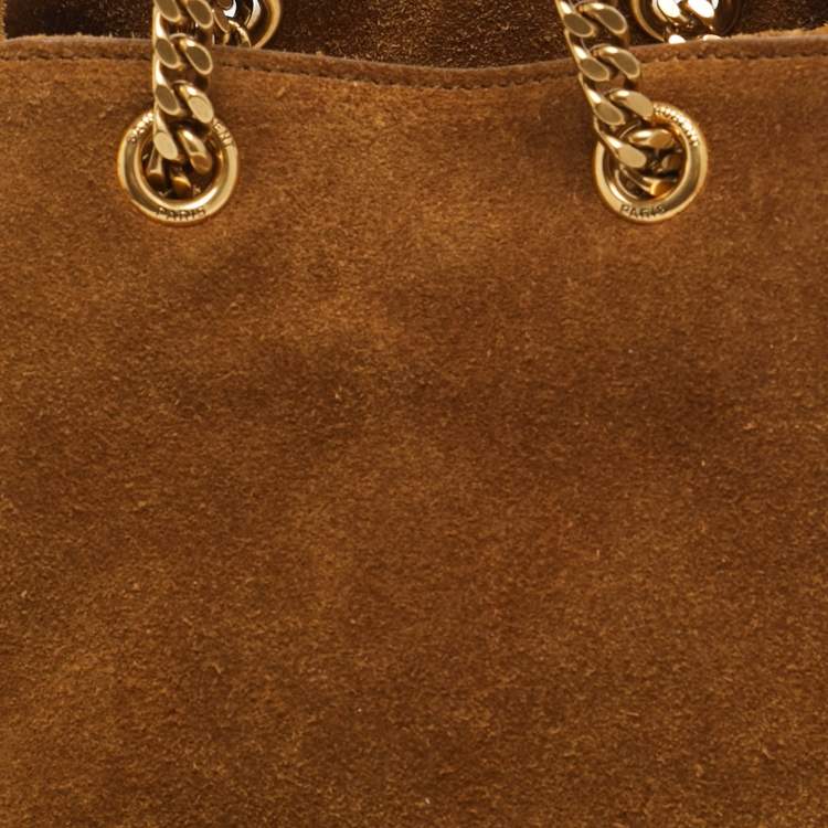 Pre Owned Saint Laurent Emmanuelle Fringe Chain Brown Suede Bucket Bag