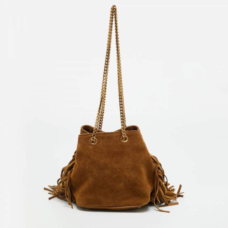 Pre Owned Saint Laurent Emmanuelle Fringe Chain Brown Suede Bucket Bag