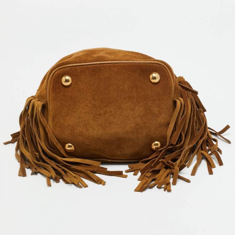 Pre Owned Saint Laurent Emmanuelle Fringe Chain Brown Suede Bucket Bag
