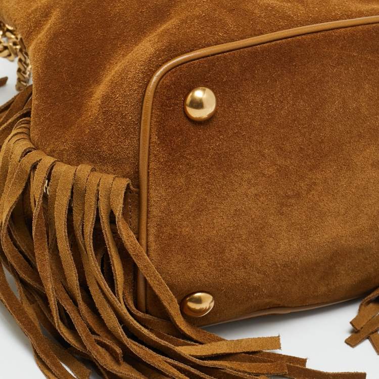 Pre Owned Saint Laurent Emmanuelle Fringe Chain Brown Suede Bucket Bag