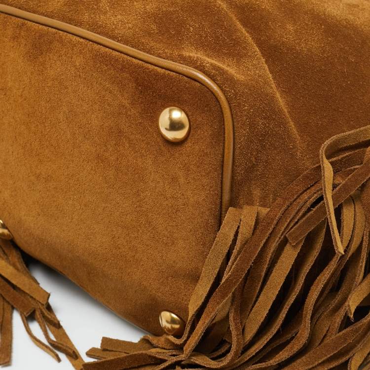 Pre Owned Saint Laurent Emmanuelle Fringe Chain Brown Suede Bucket Bag