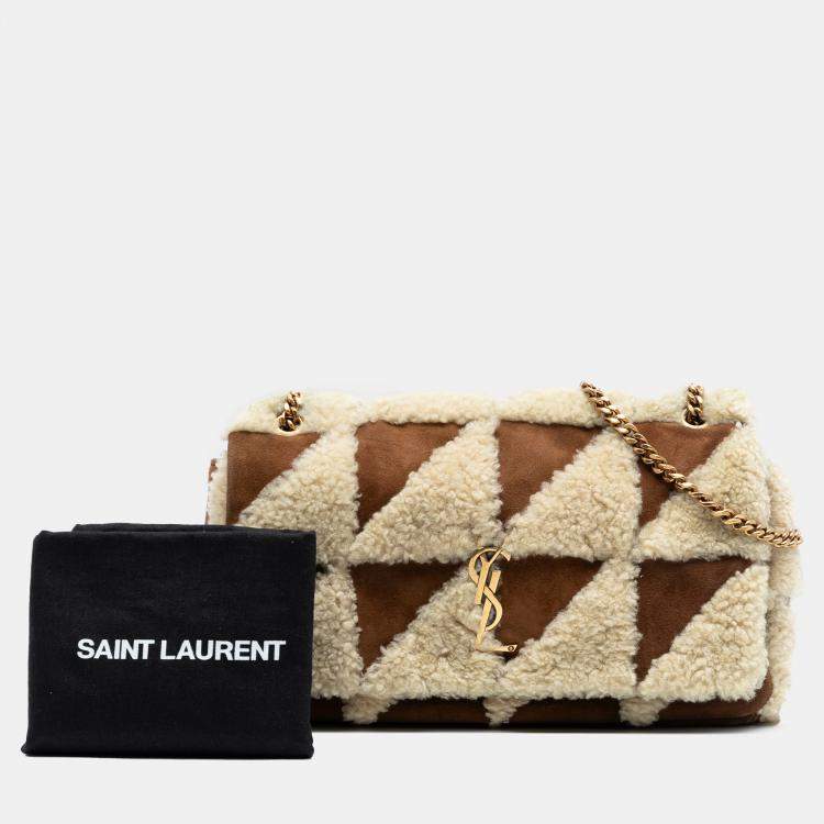 Pre Owned Saint Laurent Paris Brown Medium Suede and Shearling Patchwork Jamie Shoulder Bag