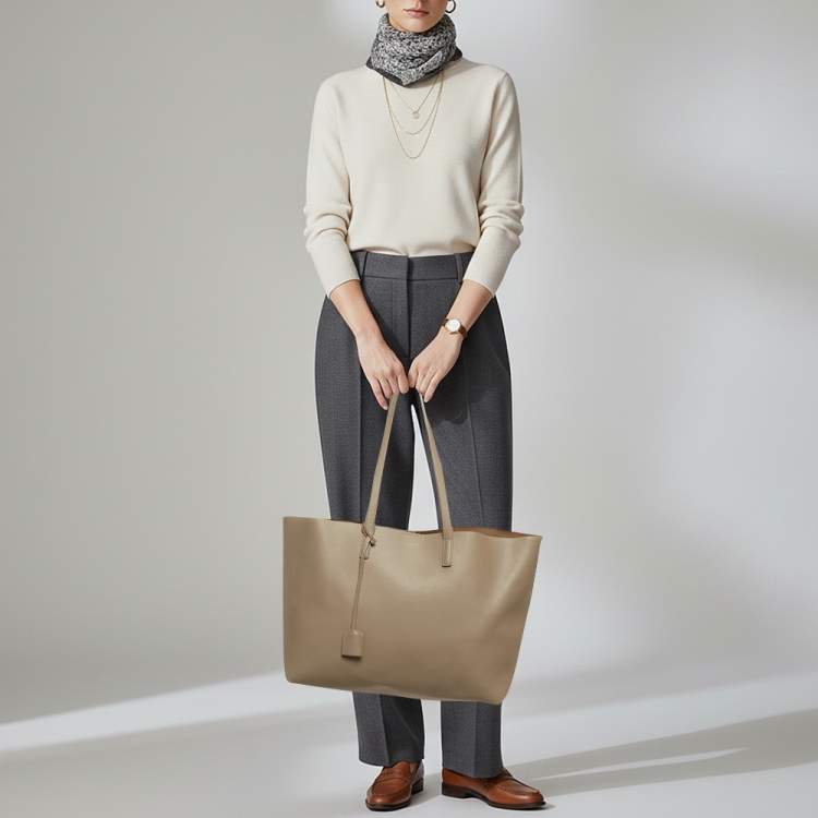 Pre Owned Saint Laurent East West Shopping Beige Leather Tote