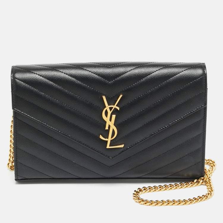 Pre Owned Saint Laurent Cassandre Envelope Black Leather Wallet On Chain