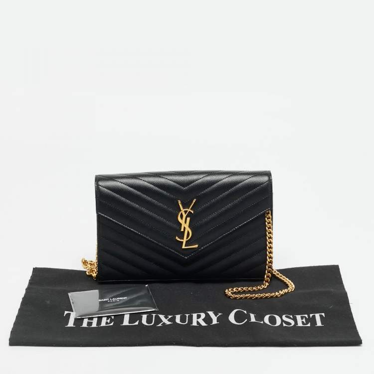 Pre Owned Saint Laurent Cassandre Envelope Black Leather Wallet On Chain