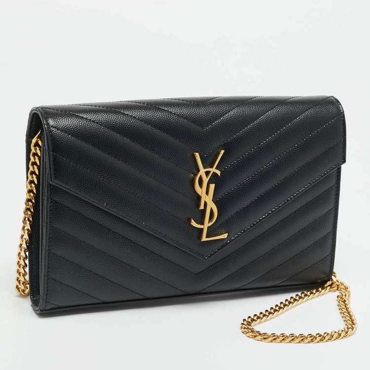 Pre Owned Saint Laurent Cassandre Envelope Black Leather Wallet On Chain