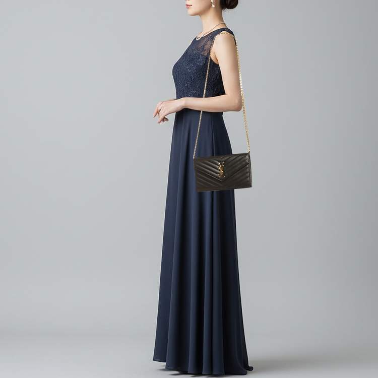 Pre Owned Saint Laurent Cassandre Envelope Black Leather Wallet On Chain