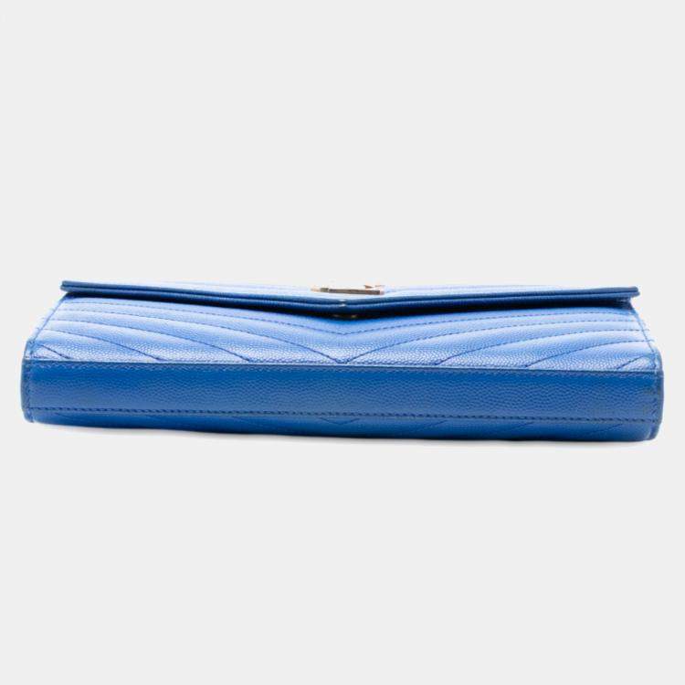 Pre Owned Saint Laurent Paris Blue Grain De Poudre Chevron Monogram Envelope Chain Wallet