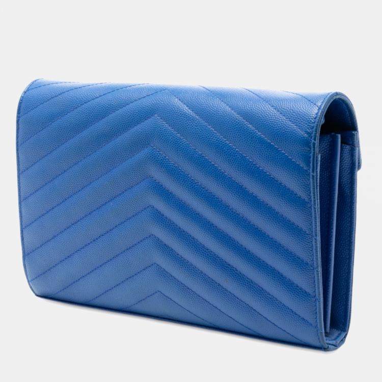 Pre Owned Saint Laurent Paris Blue Grain De Poudre Chevron Monogram Envelope Chain Wallet